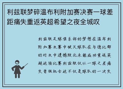 利兹联梦碎温布利附加赛决赛一球差距痛失重返英超希望之夜全城叹